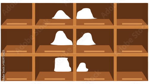 Empty Wooden Shelving Unit with Scattered Dark Objects in Cubbies Neutral Background