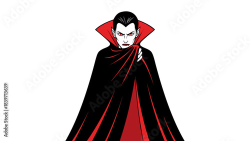 Dramatic Portrait of a Vampire Character in a Black Cape with Red Lining and a High Collar Against a Solid Black Background With Intense Eyes and Pale Skin Suitable for Halloween or Gothic Themes