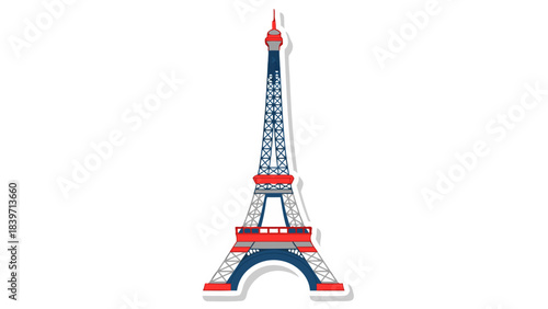 Eiffel Tower Landmark Monument in Paris France with Red White and Blue Colors Illuminated Against a Dark Background with a Subtle Drop Shadow Effect