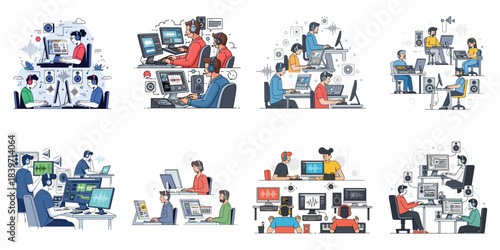 Digital audio production, mixing, and sound engineering illustration set featuring professionals working with waveforms and music creation software.