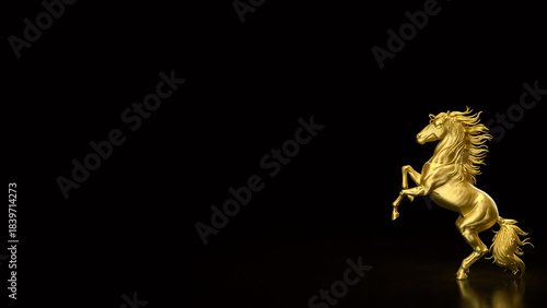 Majestic Golden Rearing Horse Statue on Dark Background 3d render.