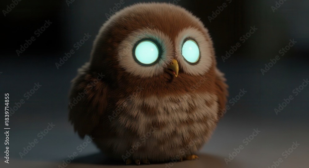 Obraz premium Fluffy, round bird creature features bright, glowing circular eyes in dim lighting