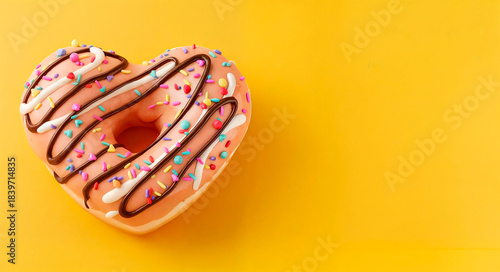 Heart-shaped donut with pink icing, chocolate and white drizzle, and colorful sprinkles on a bright yellow background.