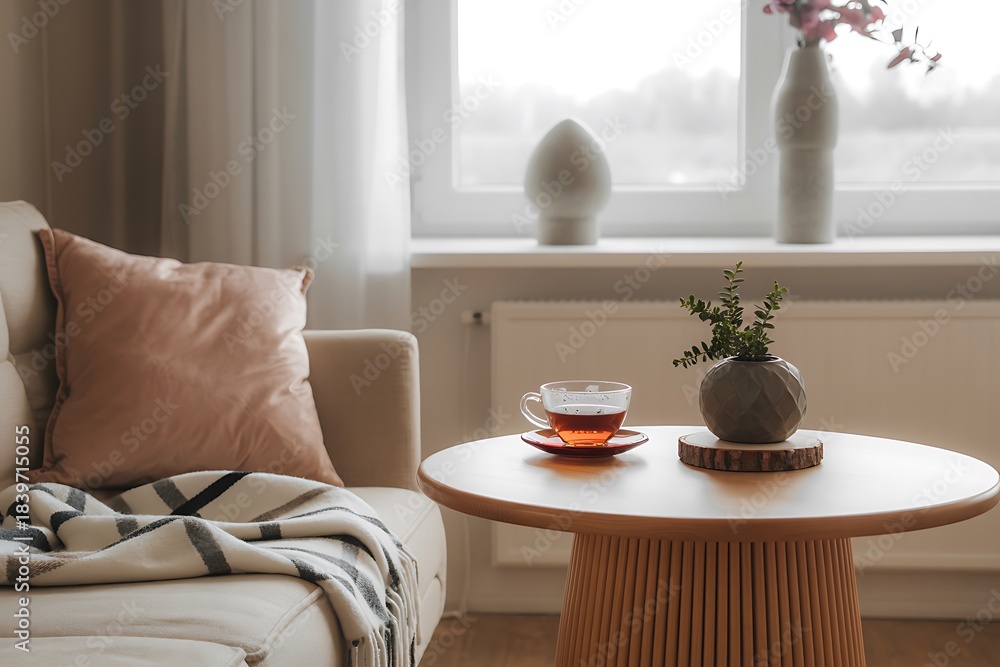 Naklejka premium Cozy Living Room Ambiance: A serene living room setup features a comfortable sofa adorned with a soft pillow and throw blanket, a round coffee table with a teacup and decorative elements.