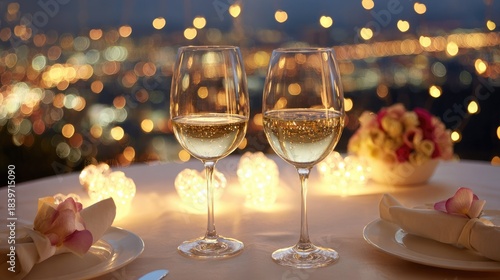 Two glasses of sparkling beverage sit ready for a romantic dinner overlooking a city at night