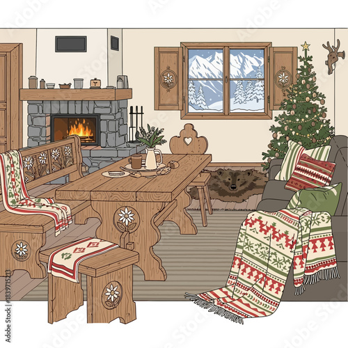 Cozy Christmas living room with decorated tree and rustic wooden furniture