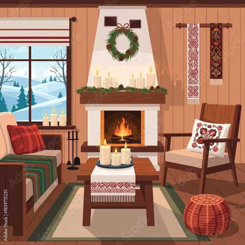 Cozy living room decorated for winter with a lit fireplace and festive accents
