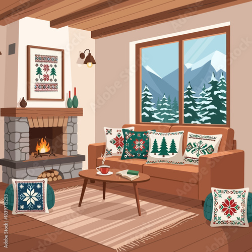 Cozy living room decorated for winter with Christmas throw pillows and a warm fire