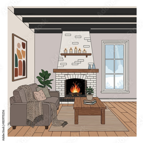 Cozy living room interior with fireplace, comfortable sofa, and decorative elements for a warm