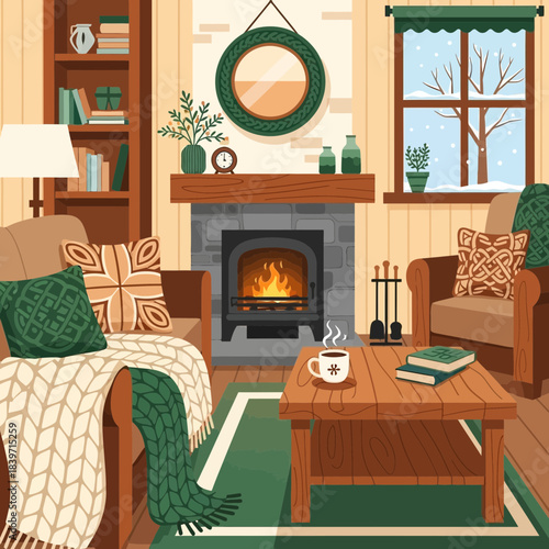 Cozy living room interior with fireplace, wooden furniture and decorative elements for a warm