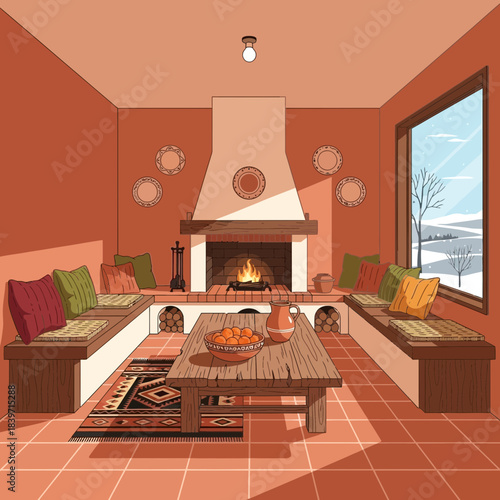 Cozy living room with a warm fireplace, large window view of snow-covered landscape and colorful