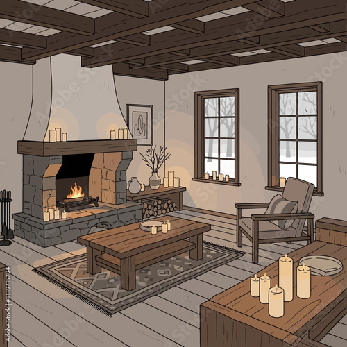 cozy living room with fireplace and natural wooden decor featuring large windows and warm lighting