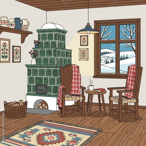 Cozy rustic kitchen scene with traditional green tiled stove and two wooden chairs