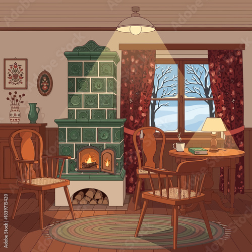 Cozy rustic living room featuring a green tiled fireplace, wooden furniture, and a window