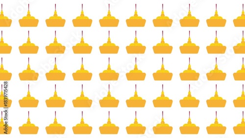 Repeating pattern of golden chedis pagodas on white background. Perfect for travel brochures, cultural event posters, or wallpaper designs.