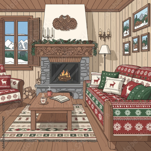 Cozy rustic living room decorated for the holiday season with a warm fireplace and festive accents