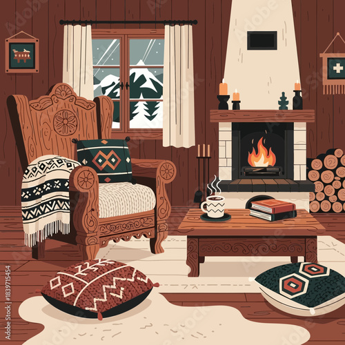 Cozy rustic living room with a wood-burning fireplace, mountains view, and comfy cushions for