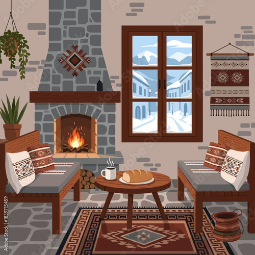 Cozy rustic living room with a roaring fireplace and winter view through a large window