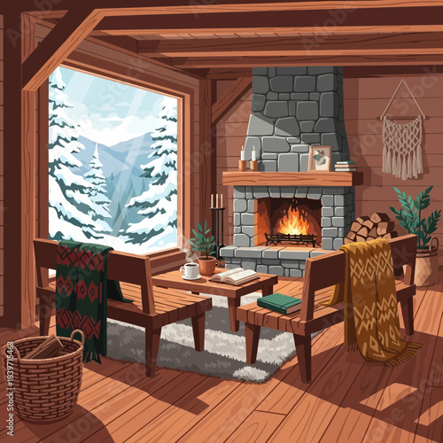 cozy rustic living room with large window overlooking snowy mountain landscape scene