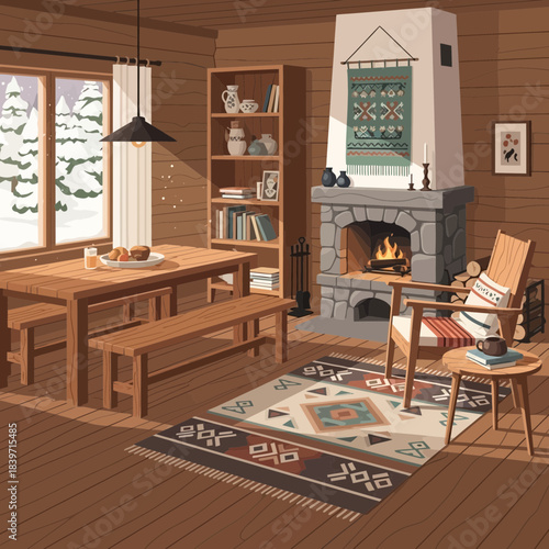 Cozy rustic living room interior with wooden furniture, fireplace and decorative accents