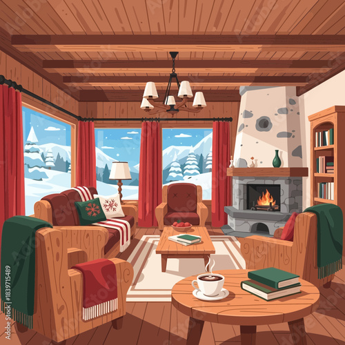 Cozy rustic living room with large windows overlooking snowy landscape and warm fireplace ambiance