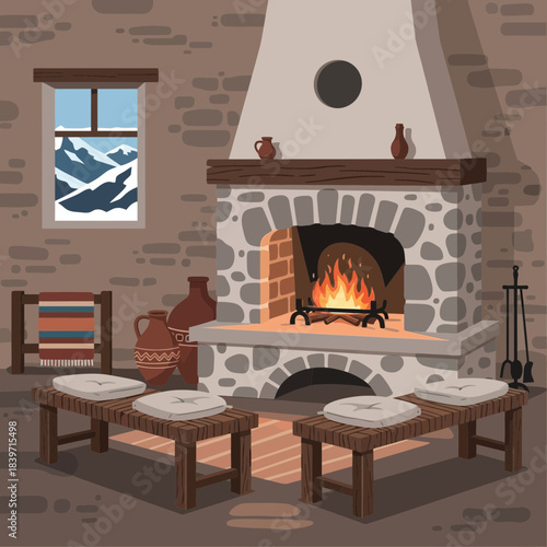 Cozy rustic living room with stone fireplace, wooden furniture and winter scenery outside