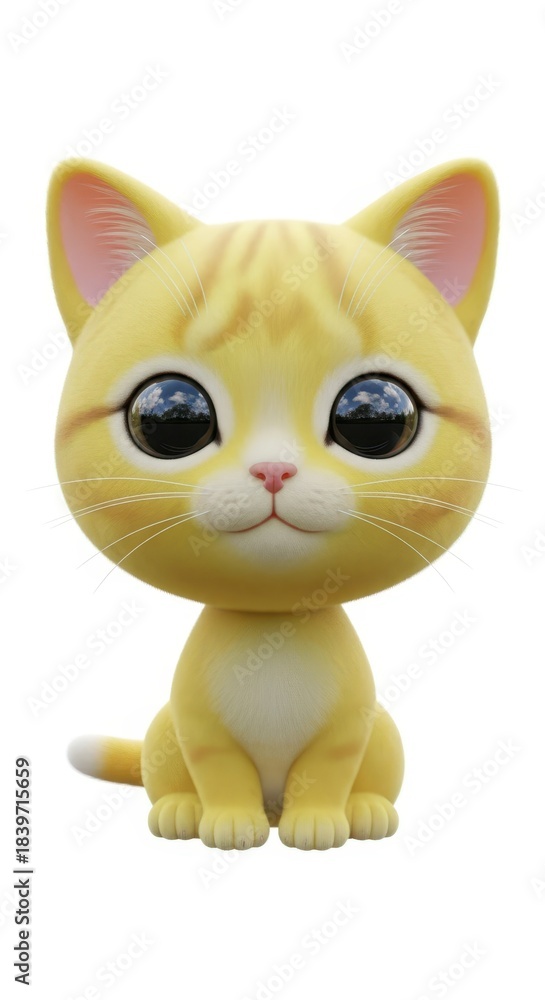 Fototapeta premium Adorable stylized feline character features disproportionately large, reflective eyes and soft yellow fur