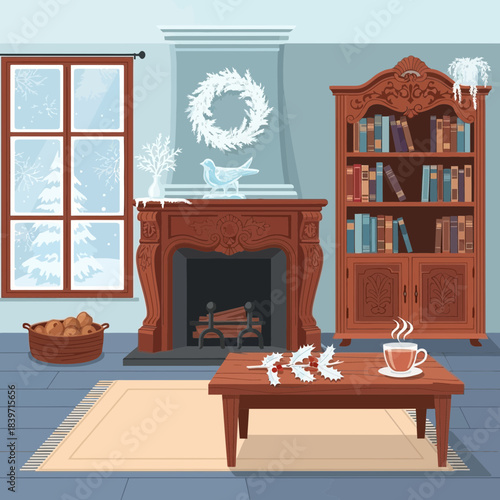 Cozy vintage-style living room with fireplace, bookshelf, and decorative accents