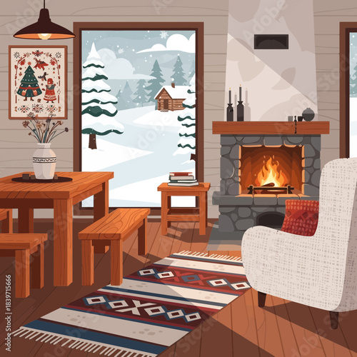 Cozy winter cabin living room with fireplace and scenic snowy view through window