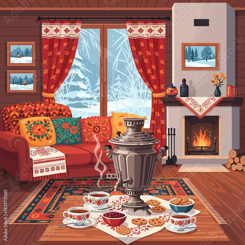 Cozy winter living room decorated with warm textiles and a roaring fireplace with tea and snacks