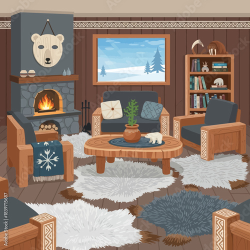 Cozy winter living room with fireplace, snow scene window, and warm decor