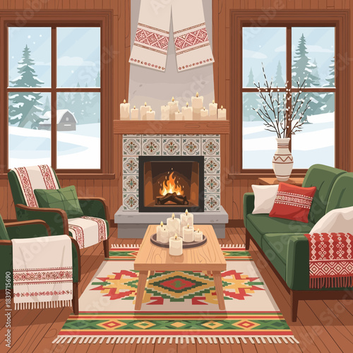 Cozy winter living room with fireplace and festive decor creating warmth