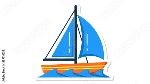 Flat Design Sailboat with Blue Sails and Orange Hull on Wavy Blue Water isolated on Black Background Vector Illustration
