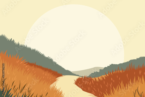 Golden autumn valley with tall grasses and winding path leading toward giant setting sun, modern flat vector landscape illustration symbolizing nostalgia, serenity and countryside travel.​
