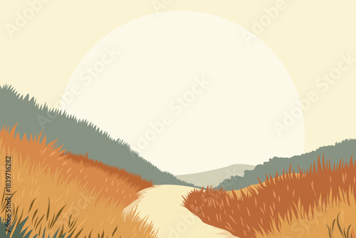 Golden autumn valley with tall grasses and winding path leading toward giant setting sun, modern flat vector landscape illustration symbolizing nostalgia, serenity and countryside travel.​