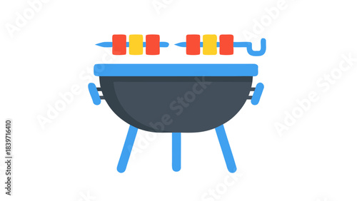 Flat Design Barbecue Grill with Skewers Cooking Meat and Vegetables Over a Dark Base on a Black Background