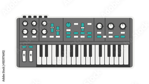 Flat Design Gray Synthesizer Keyboard With Teal Accents and Black and White Keys on a Black Background Studio Equipment Electronic Music Production Concept