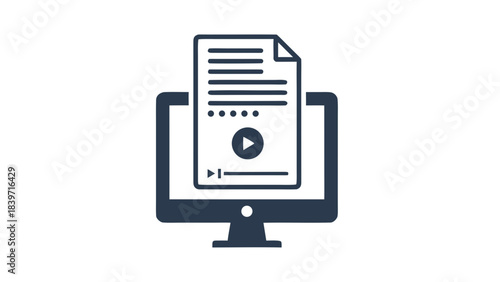 Flat Design Icon Representing Digital Document Displayed On Computer Monitor With Play Button Overlay Symbolizing Online Media Content Or Video Presentation On A Dark Blue Background