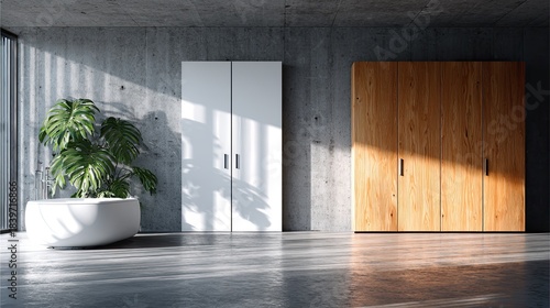 Modern bathroom with bathtub and contrasting wardrobe designs.