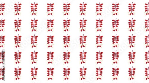 Repeating pattern of stylized red plantlike designs on white, suitable for backgrounds, textiles, and packaging design projects. Bold and versatile.