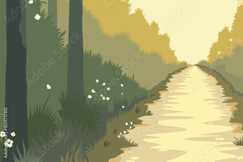 Sunlit forest path with tall green trees, wildflowers and soft golden light, modern flat vector illustration of peaceful woodland walk, relaxation and slow life in nature.​