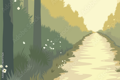 Sunlit forest path with tall green trees, wildflowers and soft golden light, modern flat vector illustration of peaceful woodland walk, relaxation and slow life in nature.​
