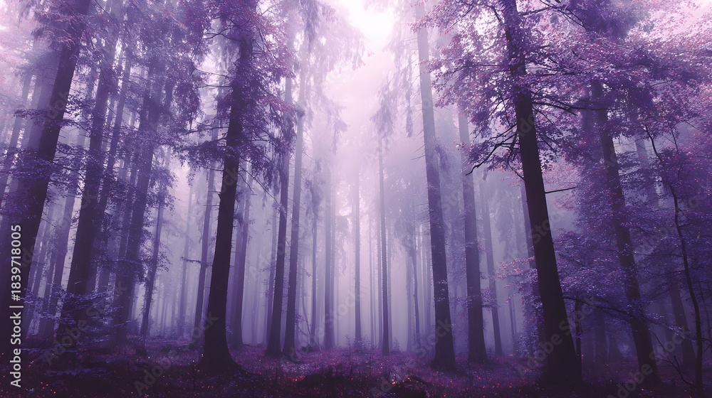Fototapeta premium Tall forest trees create an ethereal, mist-filled landscape with vibrant purple foliage