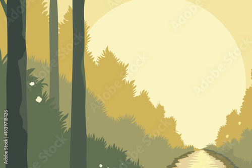 Sunlit forest scene with tall green trees and giant warm sun over distant path, modern flat vector illustration of peaceful woodland morning, nature, mindfulness and slow living.​