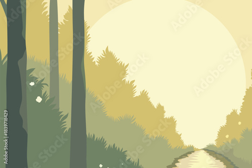 Sunlit forest scene with tall green trees and giant warm sun over distant path, modern flat vector illustration of peaceful woodland morning, nature, mindfulness and slow living.​