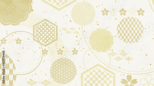 円が広がったのち、和柄が浮かび金箔が降る和モダンな空間をゆっくり前進する背景/金色