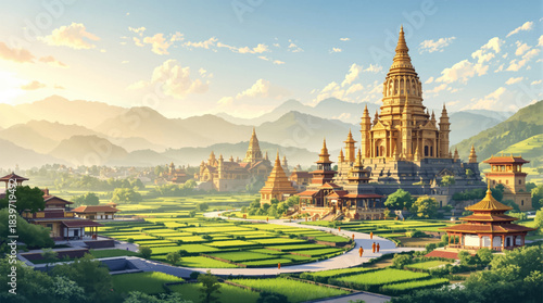 Golden temple nestled in a beautiful mountainous landscape. Cultural sanctuary surrounded by misty mountain peaks. A majestic golden pagoda set in serene mountainous beauty