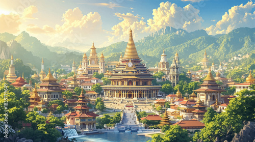 Golden temples and serene landscapes in a vibrant city. A majestic temple city surrounded by breathtaking nature. Serenity meets grandeur in this golden temple city