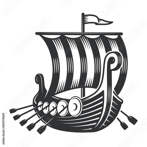 Viking longship with striped sail and oars, ancient journey icon isolated on white background, Vector