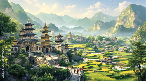 Quaint riverside village set in a lush, scenic valley. Serene ancient village surrounded by lush green rice fields. Charming village beside a river with ancient temples